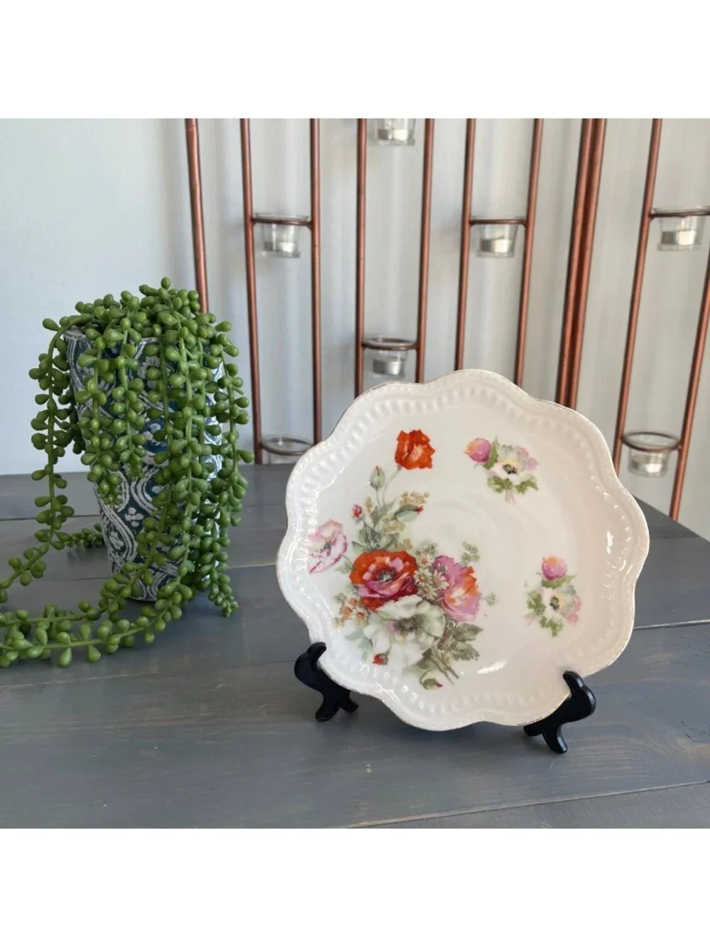 Antique Hand Painted Floral Porcelain Plate Germany Poppies Pink Roses Scalloped